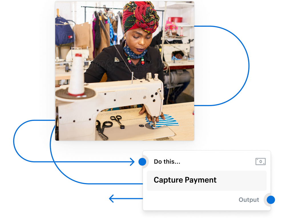 A woman sits at a sewing machine working on a piece of fabric. Behind and in front of the picture of her we see icons representing a workflow in action.